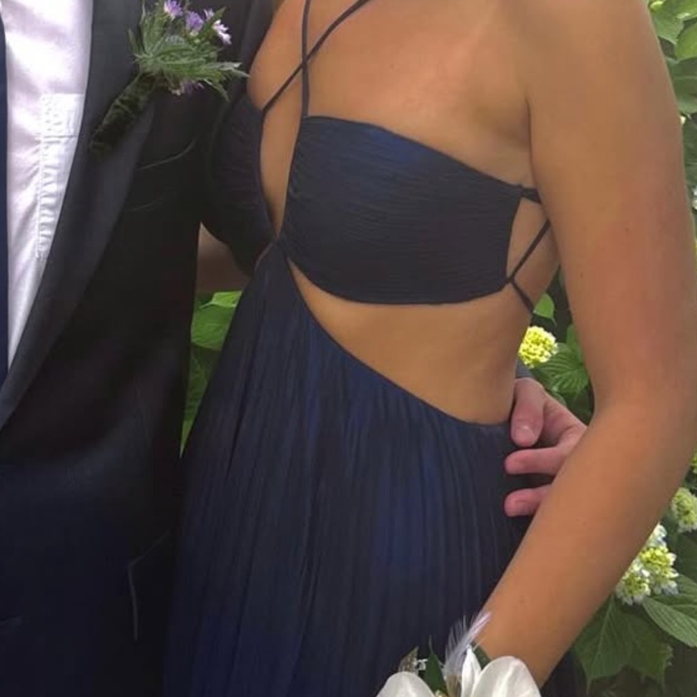 Gorgeous Jovani Midnight Blue Shimmer  Pleated Maxi Dress - 0